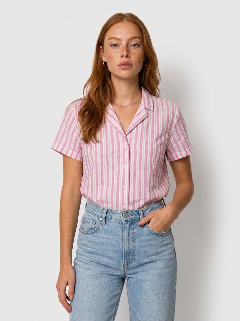 Universal Thread Pink and White Striped Button-Front Shirt